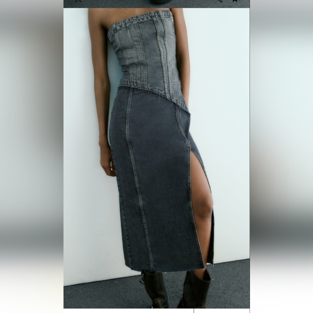Zara Strapless Dark Gray Denim Midi Dress - Picture 2 of 12